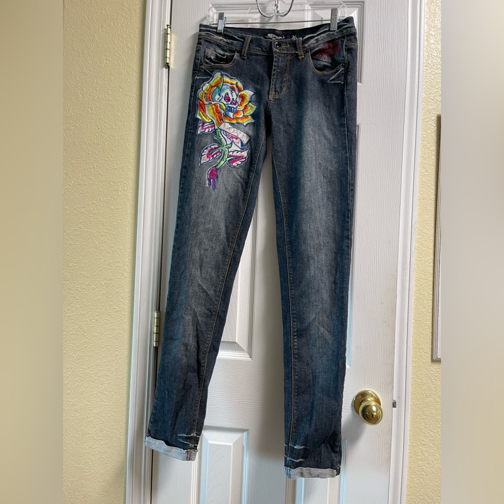 Women’s Low Rise Ed Hardy Rose Of Death Skull Rhinestones Jeans-26